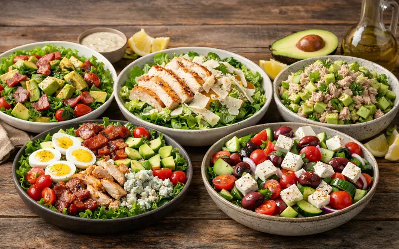 avocado bacon chicken caesar cobb tuna avocado greek salad