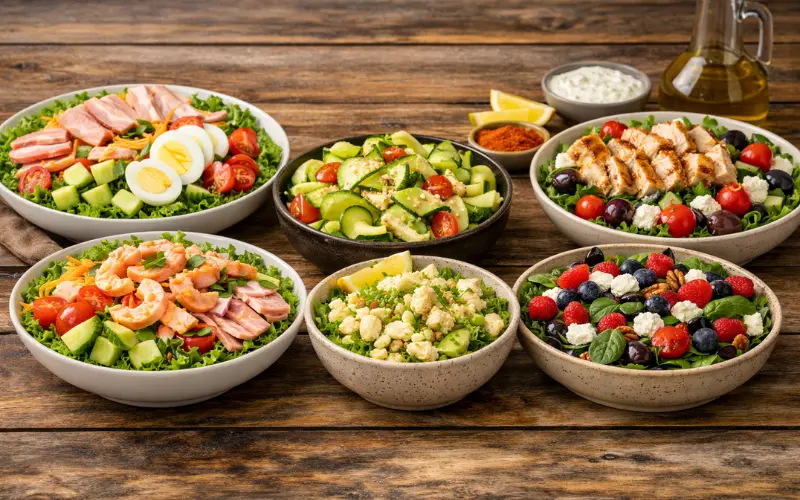chef zucchini ribbon crab spinach berry mediterranean chicken salad