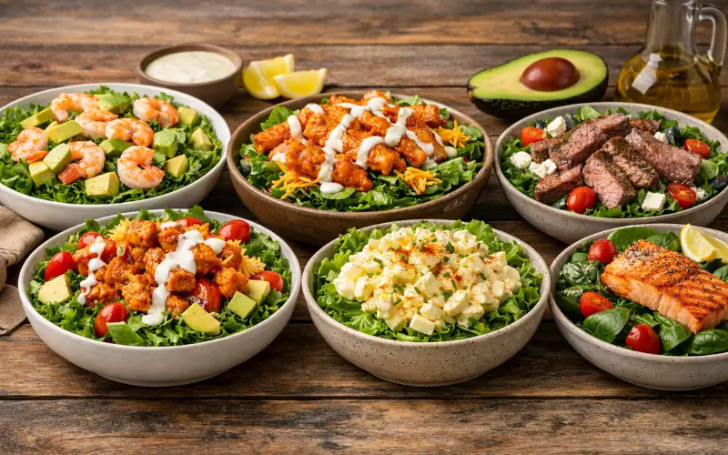 shrimp buffalo chicken egg steak salmon spinach salad